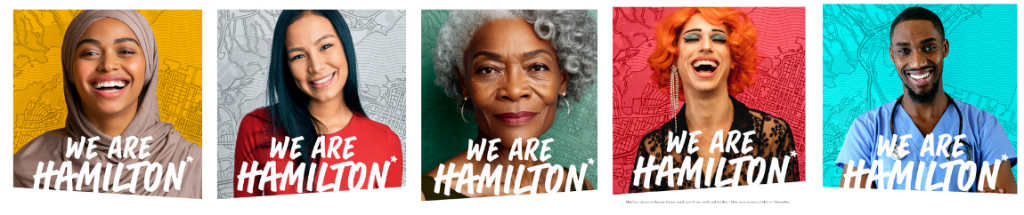 A preview of the campaign posters that have portraits and say "We are Hamilton"
